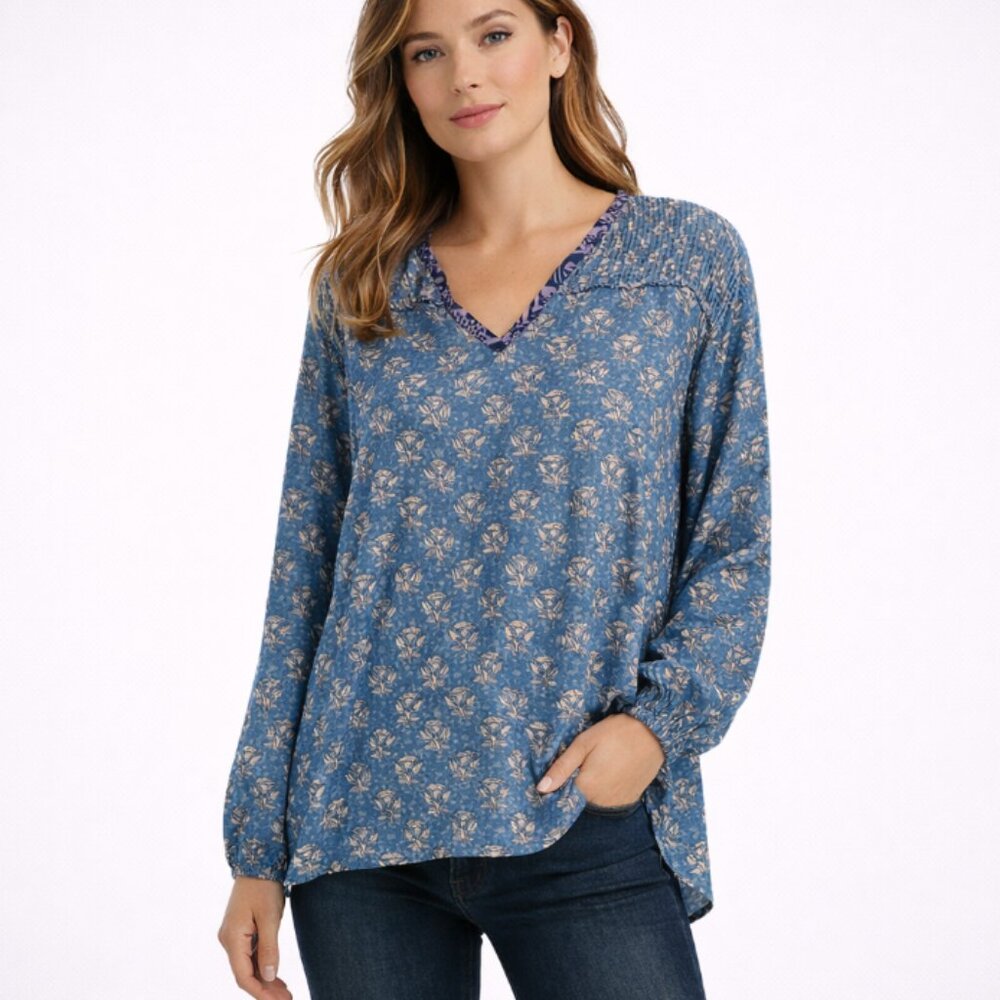 Dylan Loose Fit V-Neck Long Sleeve Blouse Blue Floral Elevated Casual